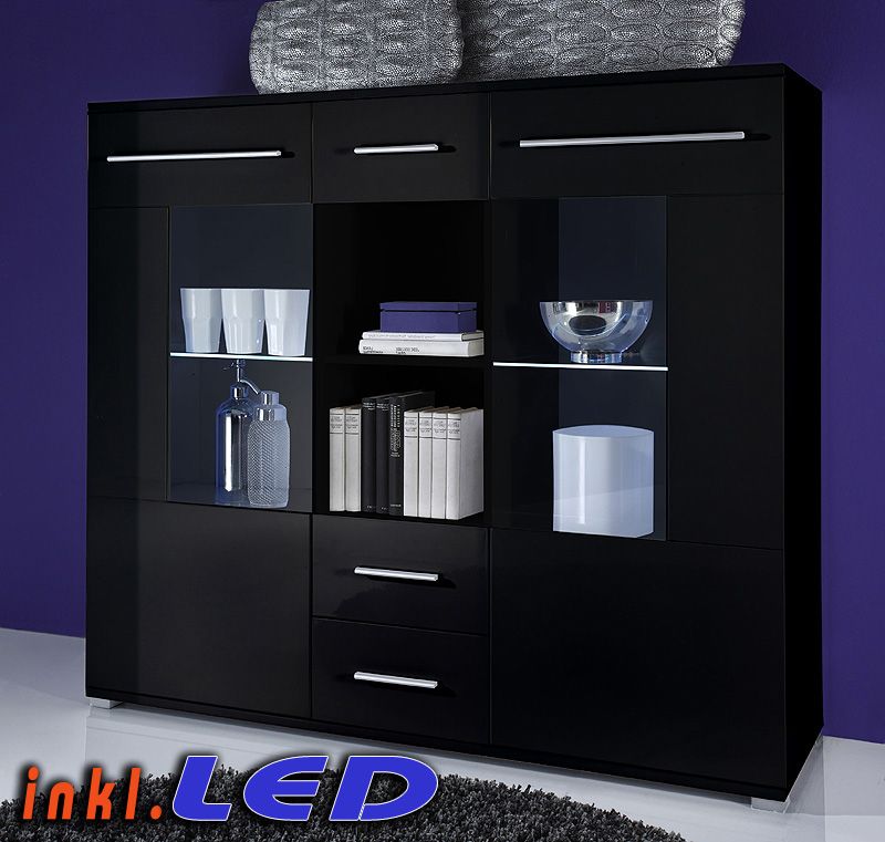 TOP* HOCHGLANZ HIGHBOARD SCHWARZ LED VITRINE STANDVITRINE