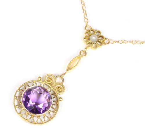 585 14kt Jugendstil Damen Gold Collier Goldcollier Amethyst Perle