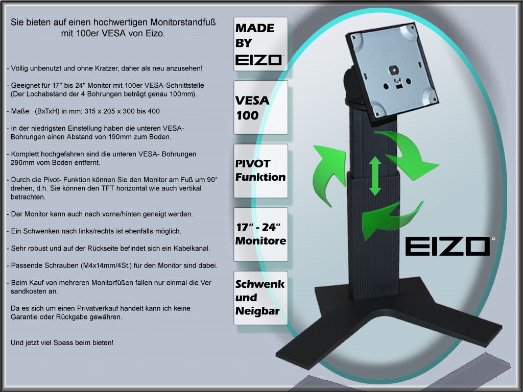 EIZO LCD TFT Standfuß Monitorfuß Monitorständer VESA 100 bis 24