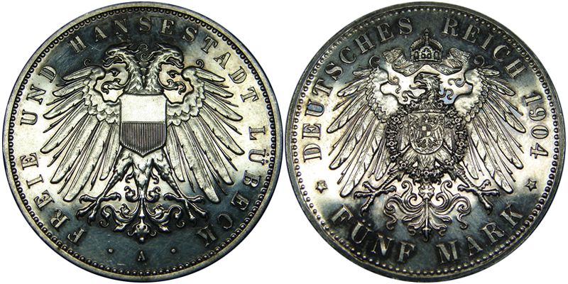 9654 J. 83 Lübeck 5 Mark 1904 PP / PROOF