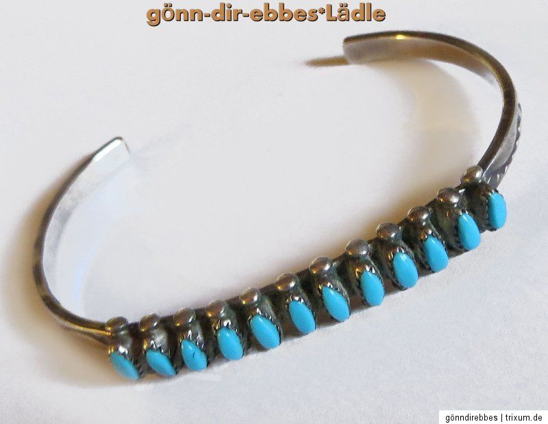 RAR ZUNI Armreif Indianerschmuck 12 Türkise, signiert, Silber BILDER