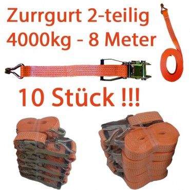 10 STÜCK Zurrgurt 50mm 2tlg mit Spitzhaken 8m 4t 4to 4000kg