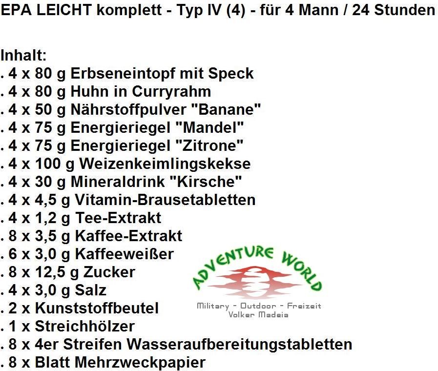 Bundeswehr BW EPA LEICHT Typ IV (4) komplett MRE Ration